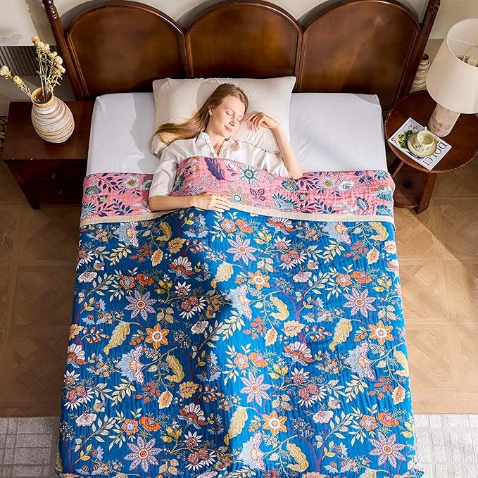 Fall Throw Blanket for Couch, Blue Boho Decorative Throw Blanket, 100% Cotton Muslin Breathable Woven Farmhouse Blankets Quilt, 60"x80" Reversible Lightweight Blankets Bohemian Throw Quilt