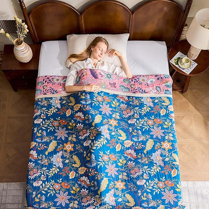 Fall Throw Blanket for Couch, Blue Boho Decorative Throw Blanket, 100% Cotton Muslin Breathable Woven Farmhouse Blankets Quilt, 90"x98" Reversible Lightweight Blankets Bohemian Throw Quilt