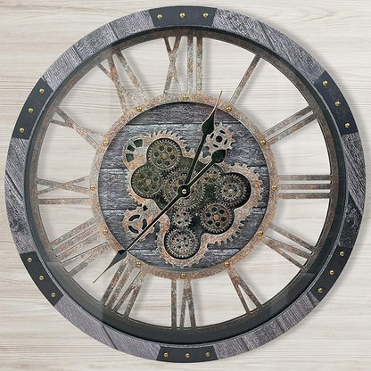 DORBOKER 30" Large Wall Clock Moving Gears,Oversized Industrial Rustic Farmhouse Clocks for Living Room Decor Office Home, Solid Wood Retro Metal HD Tempered Glass Cover,Carbon Grey