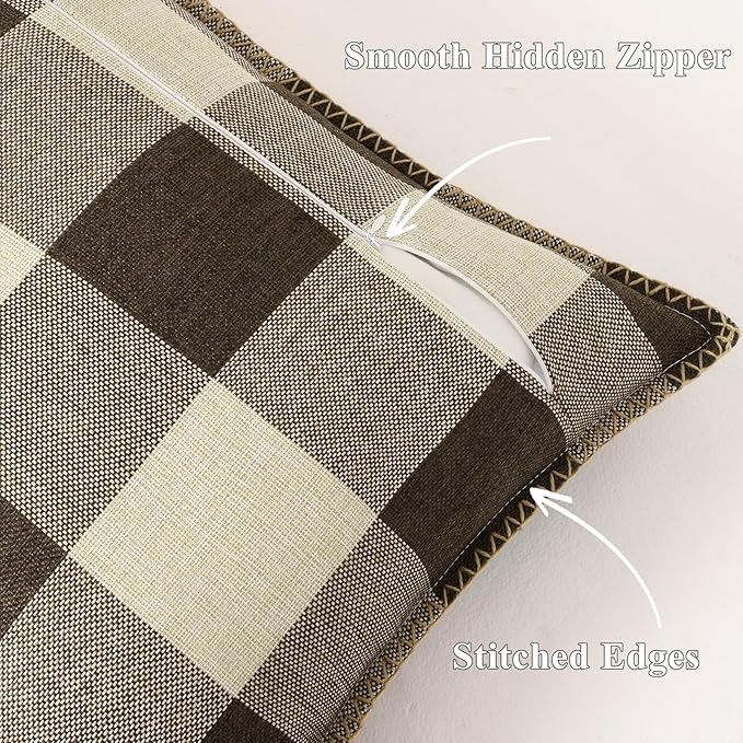 decorUhome Buffalo Plaid Check Throw Pillow Covers 12x20 Set of 2, Outdoor Lumbar Decorative Farmhouse Neutral Pillow Covers with Stitched Edge for Bed Couch Sofa, Brown and Beige
