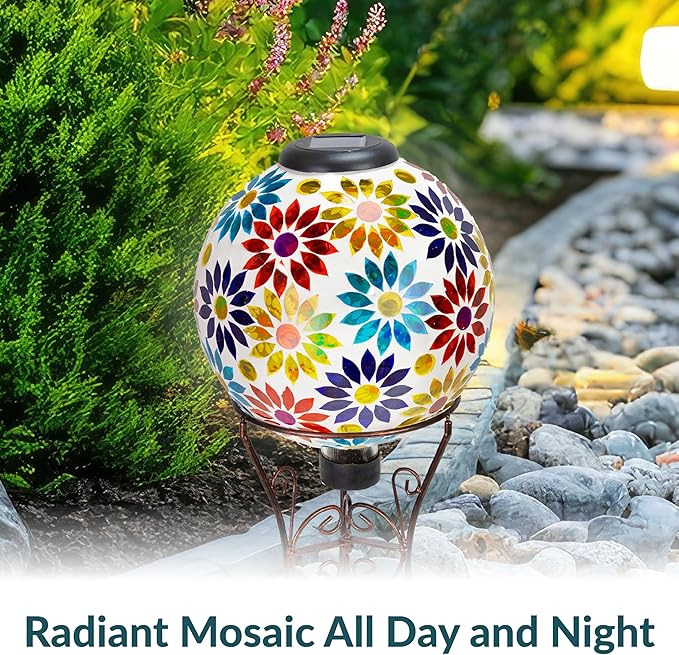 Sunnydaze 10 inch Solar Gazing Ball for Garden - Glass Outdoor Gazing Globe - Midsummer Dahlias - Set of 2