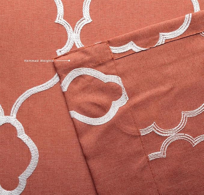 MIUCO Moroccan Embroidery Semi Sheer Curtains Faux Linen Grommet Curtain Panels for Kids Room 52 x 84 Inch 2 Panels, Rust