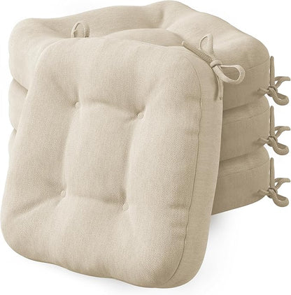 Codi Dining Chair Cushions 4 Pack, Thick Chairs Pads for Indoor Kitchen Room - Washable, Non-Slip Seat Cushion with Ties, 16.5"x16.5"x 3.5", Set of 4, Beige