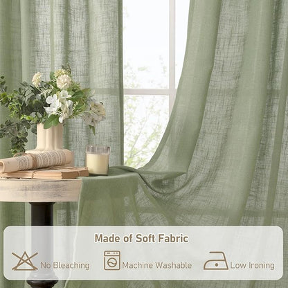 LAMIT Small Linen Curtains 2 Panels Set for Bebroom, 45 inches Long Soft Thick Light Filtering Bronze Grommet Window Textured Neutral Sheer Drapes for Kitchen/Loft Room, 52 x 45 Inch, Sage Green