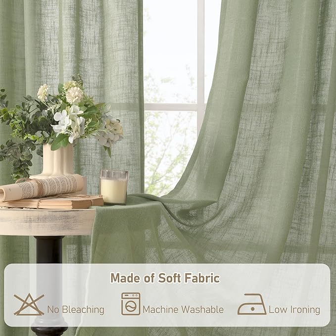 LAMIT Linen Curtains 108 Inches Long for Living Room, Bronze Grommet Linen Textured Sheer Curtains Light Filtering Drapes for Boho Farmhouse, 2 Panels, 52 x 108 Inch, Sage Green