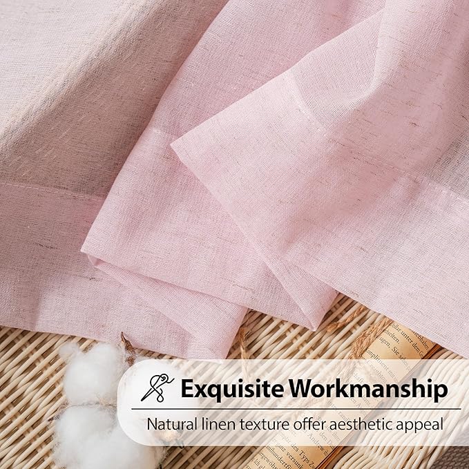 FMFUNCTEX Linen Sheer Curtains for Bedroom, Pink Curtains 84 inches Long for Living Room, Blush Pink Farmhouse French Flax Blend Window Draperies, Rod Pocket 2 Panels Set