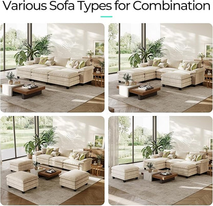 LINSY HOME Modular Sectional Sofa - 123'' Oversized Sleeper Sofa Cloud Couch Corduroy Sofa Bed with Movable Ottoman Soft Modern Comfy Couch for Living Room Apartment Office, Beige
