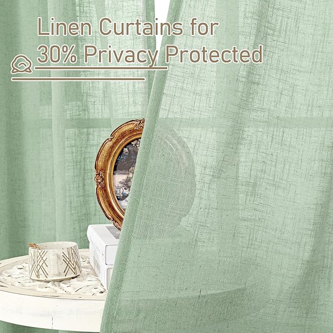 LAMIT 95 Inches Long Fresh Green Linen Curtains for Living Room, Bronze Grommet Linen Textured Curtains Light Filtering Boho Drapes for Bedroom/Dining Room, Set of 2, 52 x 95 Inch
