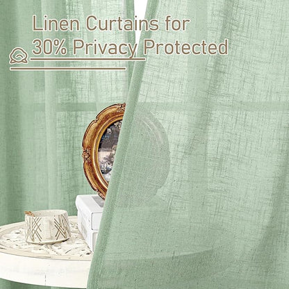 LAMIT Fresh Green Linen Curtains 54 Inch Length 2 Panels, Light Filtering Semi Sheer Panels Bronze Grommet Neutral Drapes for Kitchen/Window/Bedroom, 52 x 54 Inch