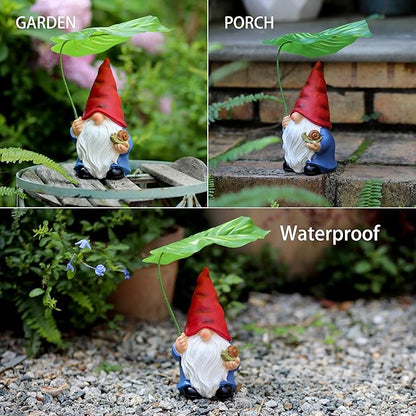 Garden Gnome Statue Decoration with Leaf Umbrella, 7.5” Figurine Ornament for Indoor Outdoor Home Patio Yard Lawn, for Gnome Lovers & Garden Enthusiasts，Mom，Women