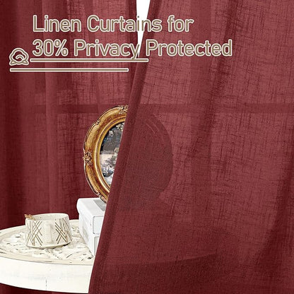 LAMIT 95 inch Linen Curtains for Living Room, Burgundy Red Bronze Grommet Christmas Panels Light Filtering Semi Sheer Drapes for Bedroom/Dining Hall, 2 Panels Set, 52 x 95 Inch