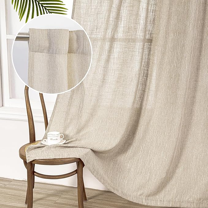 MYSKY HOME Living Room Curtains for Windows, Linen Look Texture Semi Sheers Boho Drapes Extra Long Floor Length Curtain Panels Soft Cotton Fabric, 50 x 108 Inch, Light Oatmeal, 2 PCs