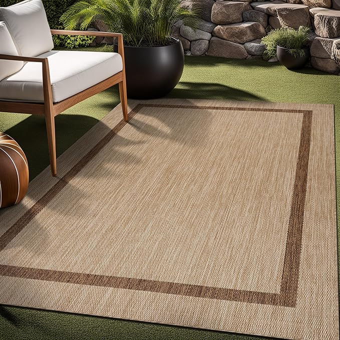 Bordered Outdoor Rug 9x12 Washable Outside Carpet for Indoor Patio Porch Waterproof Easy Cleaning Non Shedding Area Rugs Jute Beige - Nut Brown 9 x 12