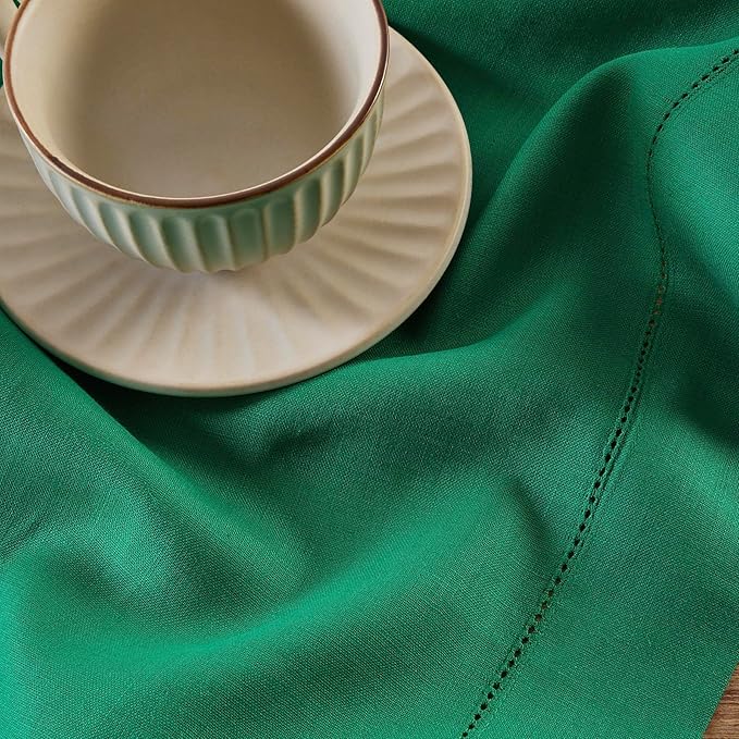 Solino Home Linen Hemstitch Table Runner 108 Inches Long - 100% Pure Linen Emerald Green Table Runner 14 x 108 Inch - Classic Hemstitch