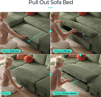 LINSY HOME Sectional Sleeper Sofa with Pull Out Couch Bed - Convertible Plush Corduroy Cloud Couch with Storage Chaise & USB Charging, Comfy Modular Couches for Living Room, Green