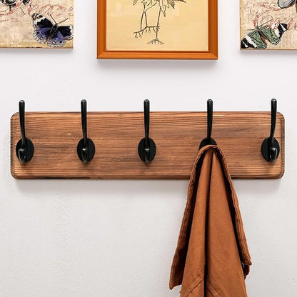 Dseap Wall Mounted Coat Rack: Patented, Heavy-Duty, 17.4" Long 5-Double-Hooks Wooden Hanger Rail for Winter Coats, Hat, Jacket, Clothing - Natural & Black, Pack of 2