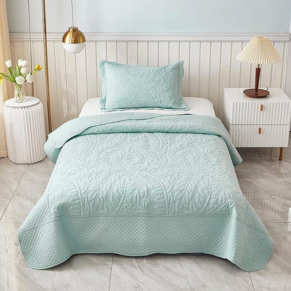 MarCielo 3-Piece 100% Cotton Oversized Bedspread Lightweight Quilt Coverlet Embroidery Farmhouse Bedding Set T0 (Aruba Blue, Twin (68"x86"))