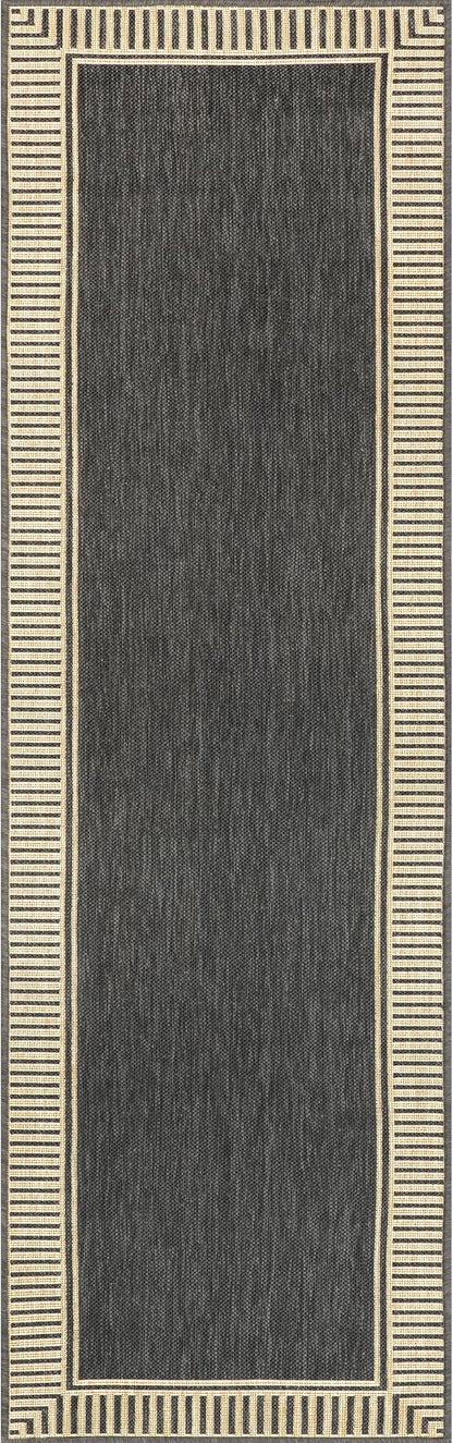 nuLOOM 2' x 8' Outdoor Area Rug, Casual Design With Striped Border, Stain Resistant, Highly Durable, For Patio, Balcony, Bedroom, Living Room, Dining Room, Bathroom, Dark Grey