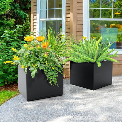FENCY Large Square Planter 17" L x 17" W x 18" H, Planters for Outdoor Plants, Large Outdoor Planters for Porch Patio, Black Square Planter with Drainage Hole, All-Weather Use Cube Planter
