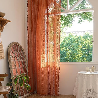 Sutuo Home Boho Curtains for Bedroom Living Room Dining Room, Crochet Lace Sheer Bohemian Country Tassels,Window Treatment Drapes for Halloween Decor, Rod Pocket 1 Panel 59" W x 120" L, Orange