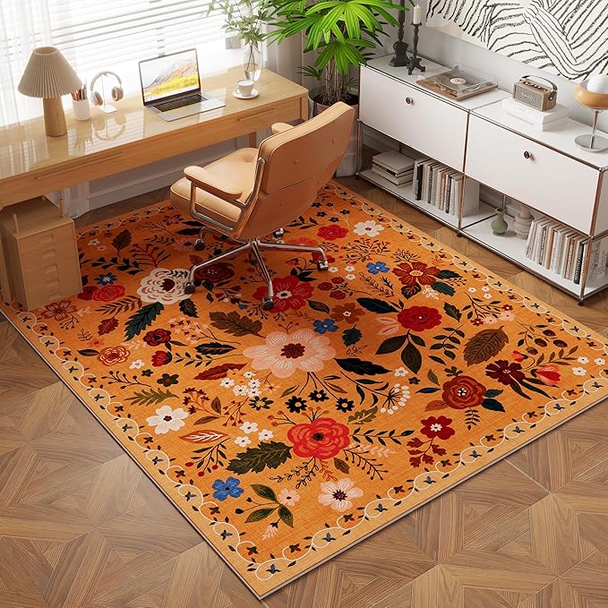 Area Rug 4x6 Rug Washable Boho Rugs Non Slip Low Pile Floral Small Carpet for Bedroom, Bedside, Kids Room, Office, Dining Room(Yellow)