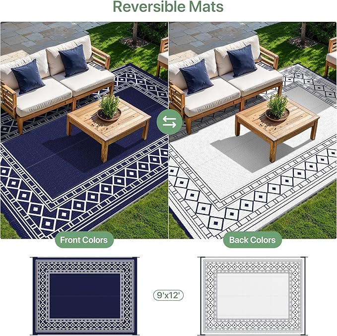 GENIMO Outdoor Rug Waterproof for Patio Decor, 9'x12' Foldable Reversible Plastic Straw Carpet for Travel Trailers, Outside Area Mat for Rv, Deck, Picnic, Porch, Camper, Balcony, Beach, Blue & White