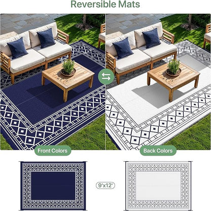GENIMO Outdoor Rug Waterproof for Patio Decor, 9'x12' Foldable Reversible Plastic Straw Carpet for Travel Trailers, Outside Area Mat for Rv, Deck, Picnic, Porch, Camper, Balcony, Beach, Blue & White