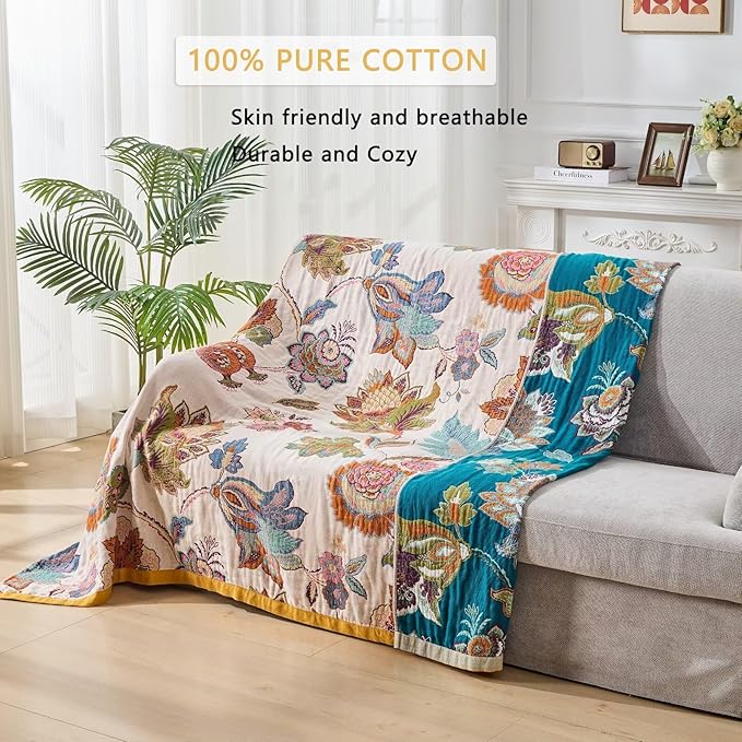 Boho Throw Blanket for Bed Couch 100% Cotton Woven Bed Throws for Summer, Lightweight and Soft Cozy Farmhouse Reversible Muslin Decorative Blanket for Travel Picnic, Teal/Cream, 80"x90"