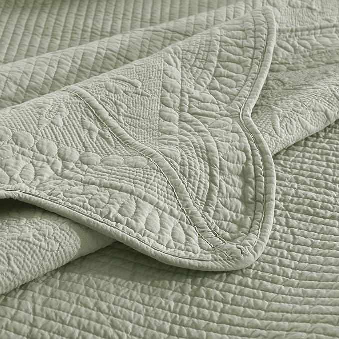MarCielo 3-Piece 100% Cotton Oversized Bedspread Lightweight Quilt Coverlet Embroidery Farmhouse Bedding Set (TG Pale Green, Oversized Queen (100"x106"))