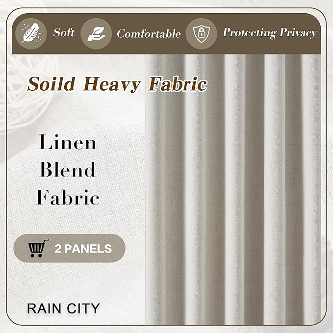 RAIN CITY Natural Birch Blackout Curtains 63 Inch Long 2 Panel Set, Boho Farmhouse Linen Drapes for Bedroom Textured Hook Included 50" x 63"