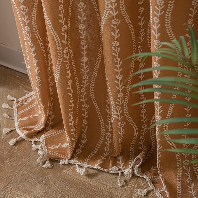 Sutuo Home Boho Curtains 63 Inches Length for Kitchen Bedroom, Printed Cotton Linen Rod Pocket Rustic Farmhouse Bohemian Tassels Window Treatment, 1 Panel 59" W x 63" L, Terracotta Stripe Florals