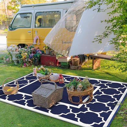 GENIMO Outdoor Rug 8' x 10' Patio Waterproof, Foldable Reversible Plastic Straw Area Rugs Mat for Camper Decor, Outside Carpet for Rv, Deck, Porch, Picnic, Beach, Balcony, Blue & White