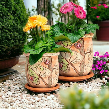 Ceramic Pot with Drainage Hole and Saucer, Plant Pots, Modern Decorative Planters for House Plants Indoor Flowers Plants, Cute Flower Pot - Gifts (Ladybugs (3 L))