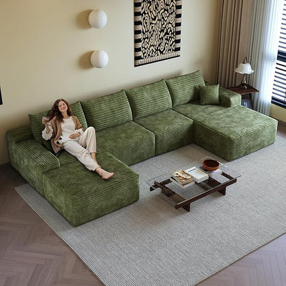 108" Sectional Couches for Living Room Modern Modular Sofa with L-Shape Couchs Upholstered Boneless Couch Deep Seat Sectional Couch with Chaise (Green, Right Facing Chaise+3Seaters+Ottoman)