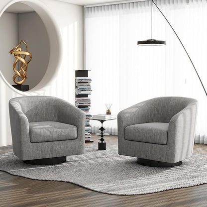 Swivel Barrel Accent Chair Set of 2, Modern Round Linen Arm Chair for Living Room, Bedroom, Comfy Club Reading Chairs for Adults-Linen Fabric Light Grey