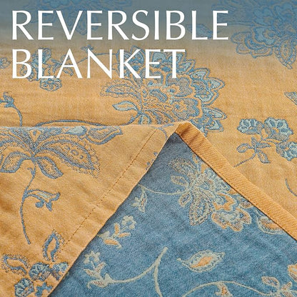 jinchan Boho 100% Cotton Muslin Queen Size 80x90 Inches Blanket Lightweight 4-Layer Quilted Soft Yellow and Blue Floral Throw Blanket Reversible Comfy Flower Rustic All Seasons Couch Bedroom Decor