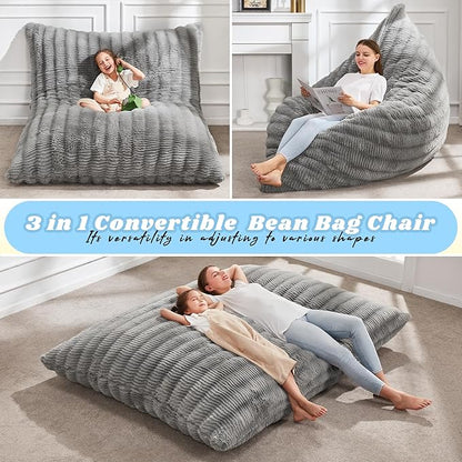 Hobestluk 3 in 1 Bean Bag Chair Giant Bean Bag Chairs for Adults with Ripple Cover Convertible Bean Bag Floor Cushion with Machine Washable Cover for Living Room (Ripple Grey)
