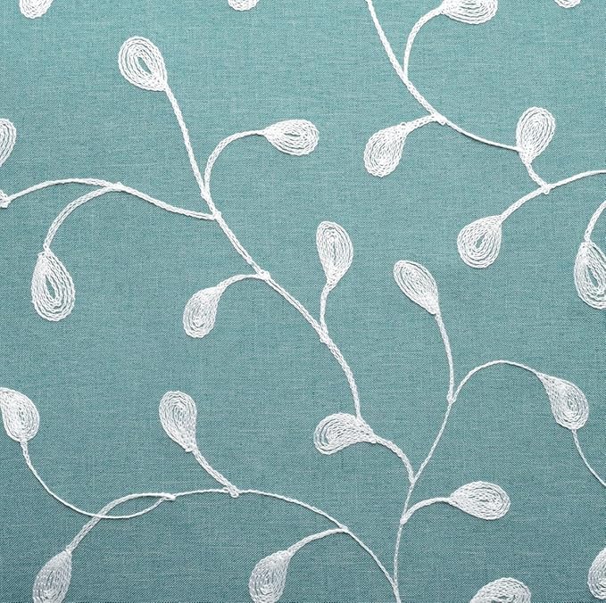 MIUCO Floral Embroidered Semi Sheer Curtains Faux Linen Grommet Window Panel Pair for Bedroom 52 x 63 Inch, Teal