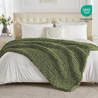 Carriediosa Chunky Knit Throw Blanket 60" X 80" Twin, 100% Hand Made Large Chenille Loop Yarn Soft Fluffy Throws for Couch Sofa Bed, Big Crochet Cozy Heavy Thick Cable Woven Blankets, Olive Green
