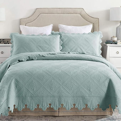 MarCielo 3-Piece 100% Cotton Oversized Bedspread Lightweight Quilt Coverlet Embroidery Farmhouse Bedding Set (Tk Aqua Green, Oversized King (118"x106"))
