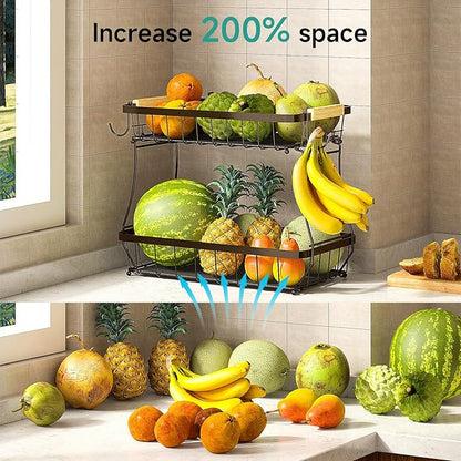 3 Tier Fruit Basket for Kitchen Counter with 2 Mobile Banana Hangers, 2025 Pro Detachable Metal Fruit Bowl with Wooden Handle, Fruit Holder for Bread Snack Veggies, Brown