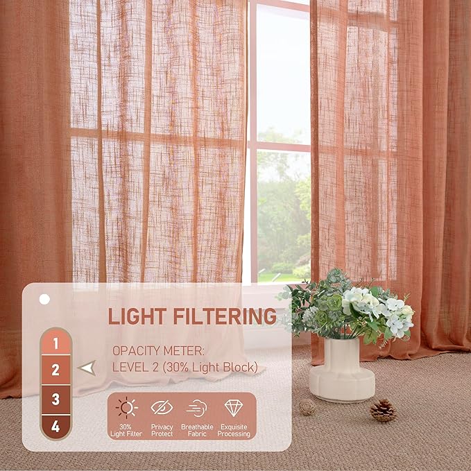 LAMIT Light Filtering Linen Curtains 54 inches Long for Bedroom, Linen Textured Semi Sheer Bronze Grommet Boho Drapes for Living Room, Terracotta, 2 Panels, 52 x 54 Inch