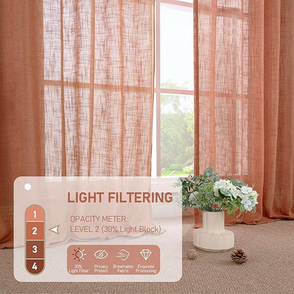 LAMIT Small Window Linen Curtains 36 inches Long, Light Filtering Linen Textured Bronze Grommet Soft Semi Sheer Drapes for Half Windows/Bathroom, 2 Panels, Terracotta, 34 x 36 Inch