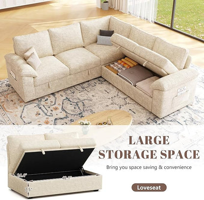 85 Inch Sectional Sleeper Sofa with Pull Out Bed,L Shaped 5 Seat Modular Sectional Sofa with Storage,Sectional Couches for Living Room,Cloud Modular Couch,Removable Sofa Cover,Beige