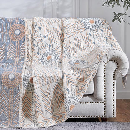 jinchan Boho 100% Cotton Muslin Queen Size 80x90 Throw Blanket Lightweight 4-Layer Orange Reversible Blanket Washable Breathable Geometric Striped Pattern Soft Comfy for Couch Bed Decor All Seasons