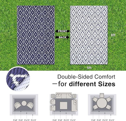 OLANLY Outdoor Rug 5x8 ft Waterproof, Outdoor Plastic Straw Rug with Geometric Pattern Clearance, Reversible RV Mat for Patio, Camping, Balcony, Deck, Backyard, Navy & White