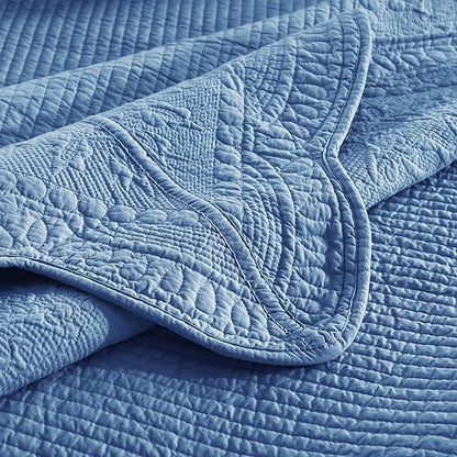 MarCielo 3-Piece 100% Cotton Oversized Bedspread Lightweight Quilt Coverlet Embroidery Farmhouse Bedding Set (TG Midtone Blue, Oversized Queen (100"x106"))