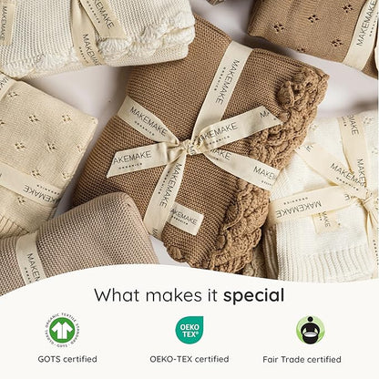 MakeMake Organics Organic Throw Blanket GOTS Certified Organic Cotton Blanket Chunky Knit Super Soft Cozy Fall Winter Large Adults Throw Blanket (50x60, Vanilla)