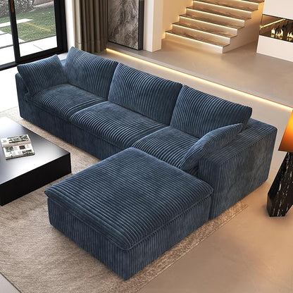 118" L Shaped Modern Sofa Modular Sectional Cloud Couch with Ottoman,Deep Seat Upholstered Couches with Plush Corduroy Fabric for Living Room Furniture,Bedroom and Apartment,No Assembly Required,Blue