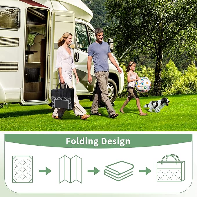 GENIMO 9' x 18' Outdoor Rug Waterproof for Patio, Foldable Reversible Plastic Straw Area Rugs Mat for Rv Decor, Outside Carpet for Camper, Deck, Picnic, Beach, Balcony, Porch, Black & Grey